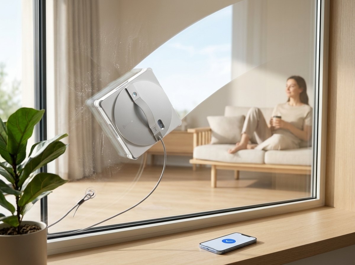 Der Roboter reinigt die Fensterscheibe streifenfrei